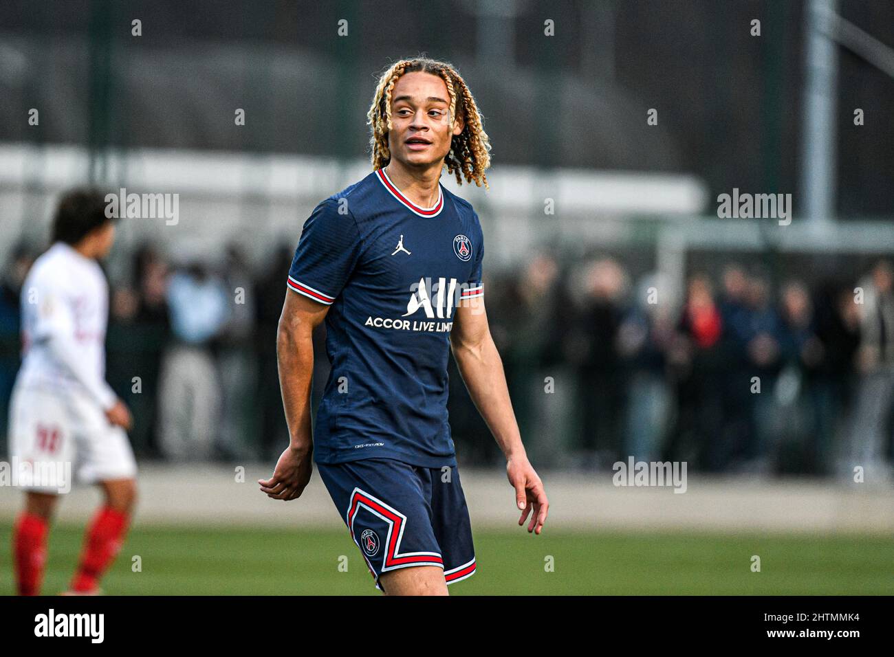 Saint-Germain-en-Laye, Frankreich, 1. März 2022, Xavi Simons von PSG während der UEFA Youth League (U19), einer Runde von 16 Fußballspielen zwischen Paris Saint-Germain (PSG) und Sevilla FC (Juvenil A) am 1. März 2022 im Georges Lefevre Stadion in Saint-Germain-en-Laye, Frankreich. Stockfoto