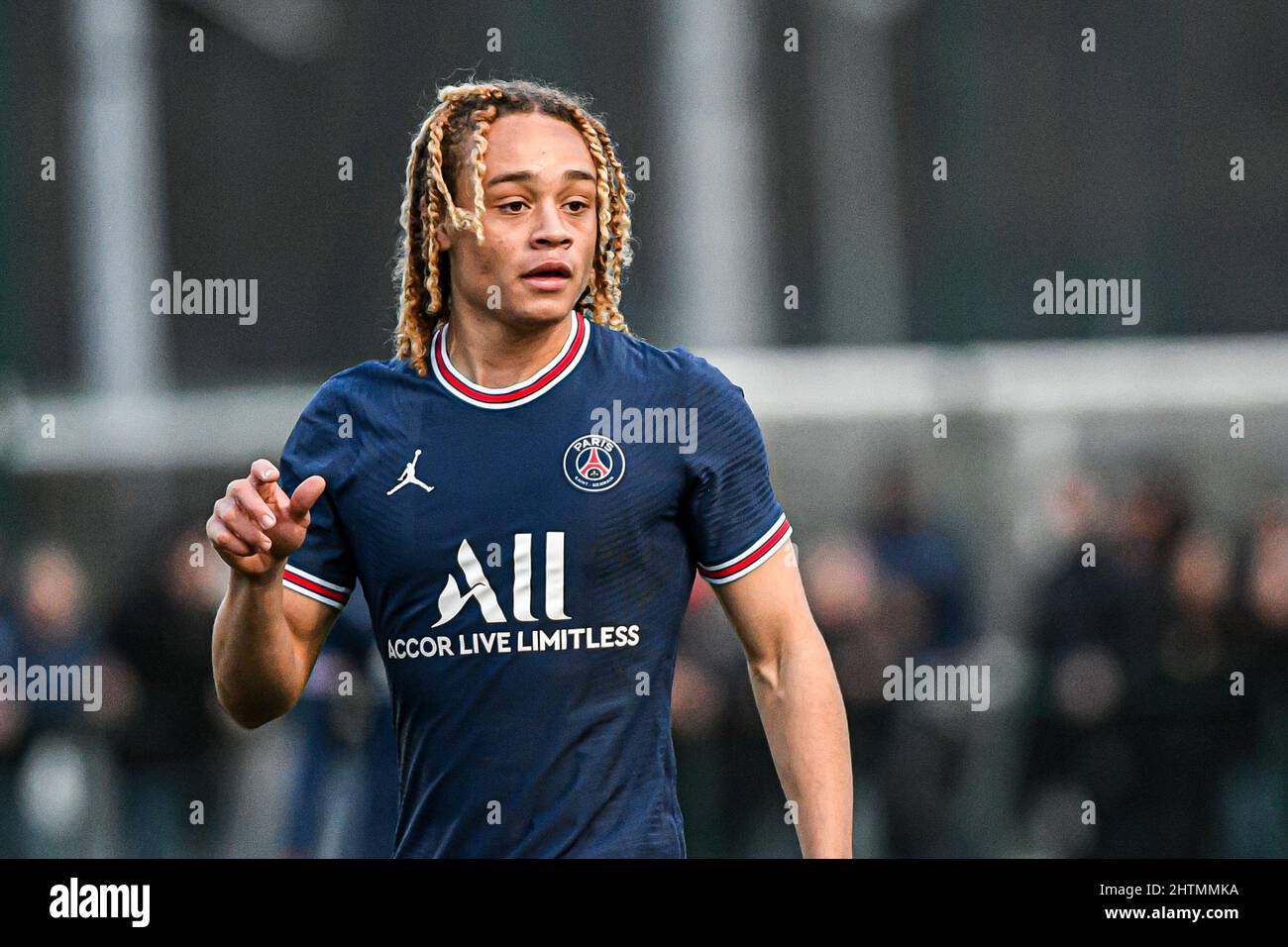 Saint-Germain-en-Laye, Frankreich, 1. März 2022, Xavi Simons von PSG während der UEFA Youth League (U19), einer Runde von 16 Fußballspielen zwischen Paris Saint-Germain (PSG) und Sevilla FC (Juvenil A) am 1. März 2022 im Georges Lefevre Stadion in Saint-Germain-en-Laye, Frankreich. Stockfoto