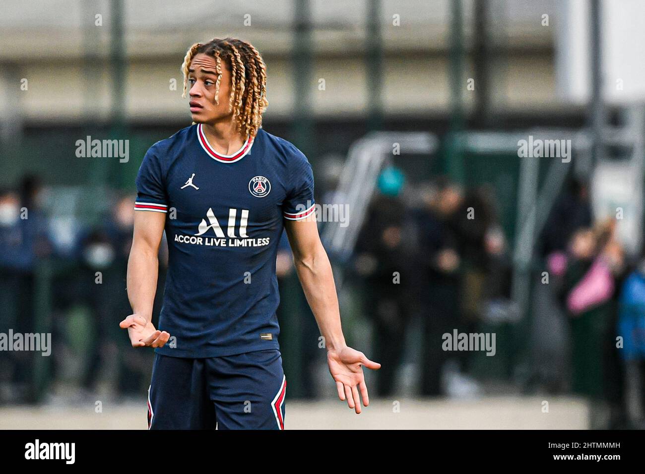 Saint-Germain-en-Laye, Frankreich, 1. März 2022, Xavi Simons von PSG während der UEFA Youth League (U19), einer Runde von 16 Fußballspielen zwischen Paris Saint-Germain (PSG) und Sevilla FC (Juvenil A) am 1. März 2022 im Georges Lefevre Stadion in Saint-Germain-en-Laye, Frankreich. Stockfoto