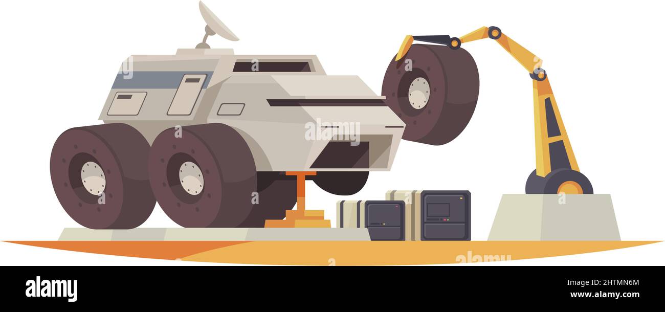 Mars Kolonisation Komposition mit außerirdischem Gelände und Aushub Rover mit Rädern und Arm Vektor Illustration Stock Vektor