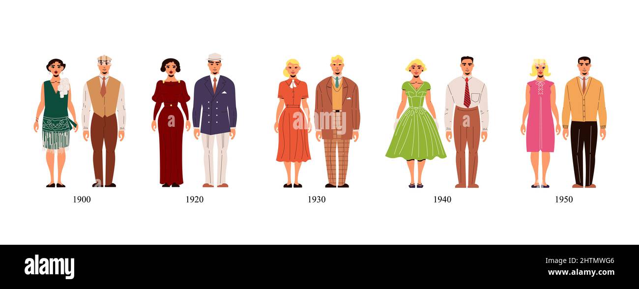 Modegeschichte Kostüm männliche und weibliche Sammlung der ersten Hälfte des 20th. Jahrhunderts von 1900 bis 1950 Jahre isolierte Vektor-Illustration Stock Vektor