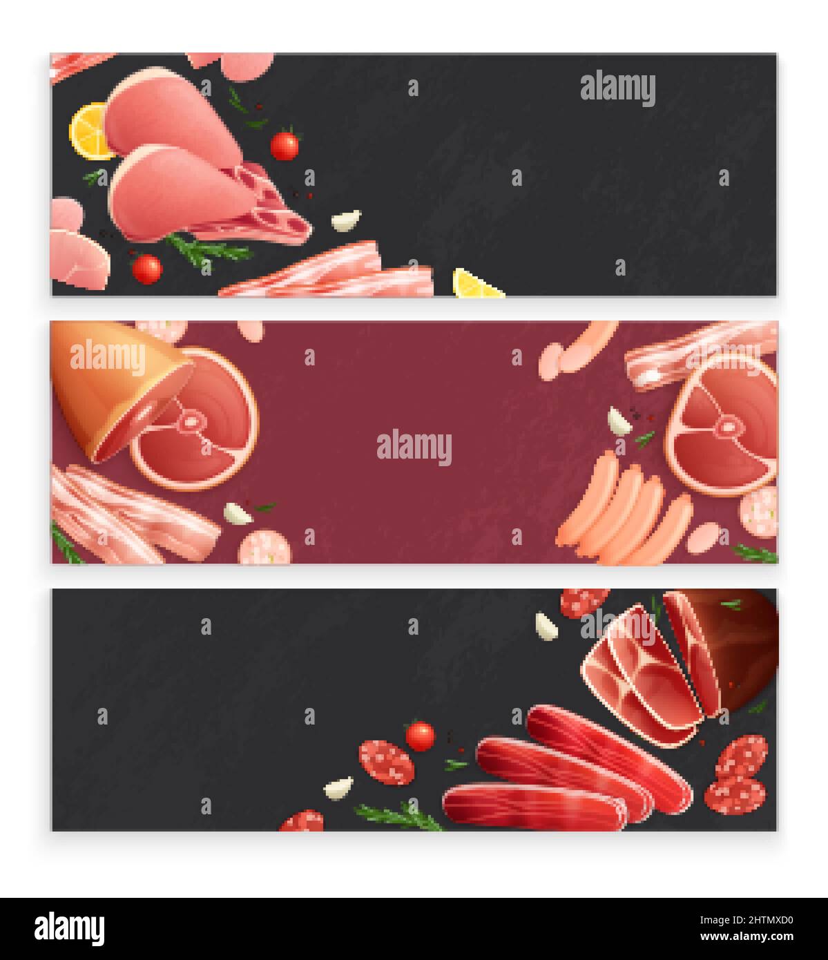 Metzgerei Fleisch Produkte 3 flache appetitliche Hintergrund Banner mit Schinken Speck Würstchen Rind Shanks Vektor-Illustration Stock Vektor