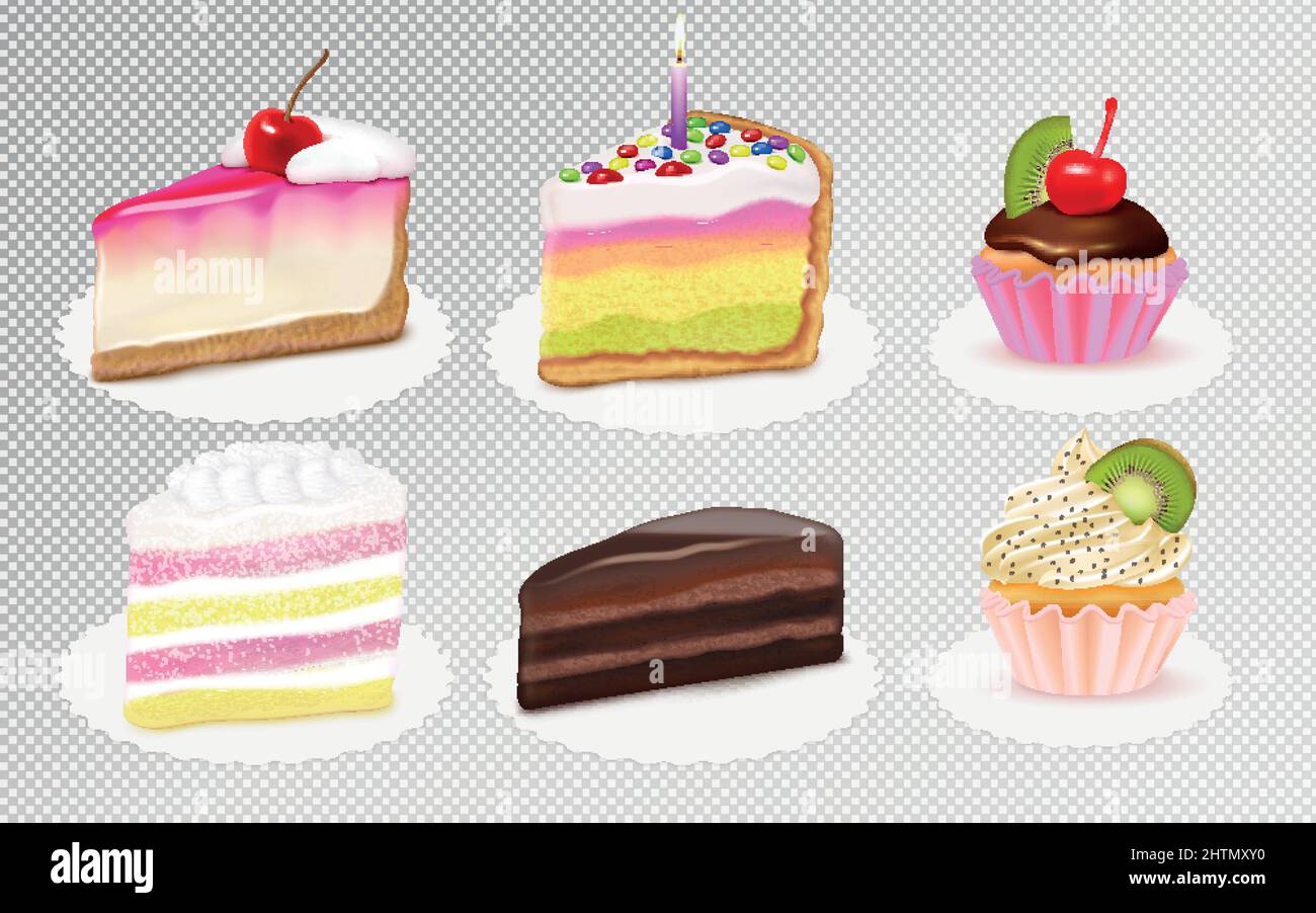 Kuchen Käsekuchen Stücke und Cupcakes realistische Set mit Kiwi Kirsche Vanille Extrakte Schokolade Zuckerguss transparente Vektor-Illustration Stock Vektor