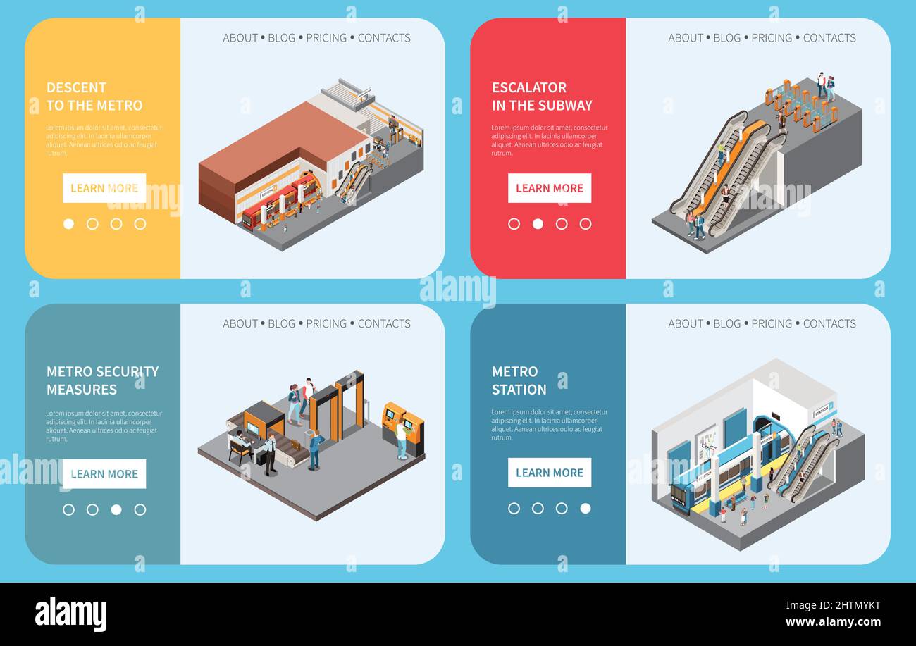 U-Bahn U-Bahn-Stationen 4 isometrische Webseiten mit Passagieren aufsteigend absteigend Bahnsteig Sicherheitstore Vektordarstellung Stock Vektor