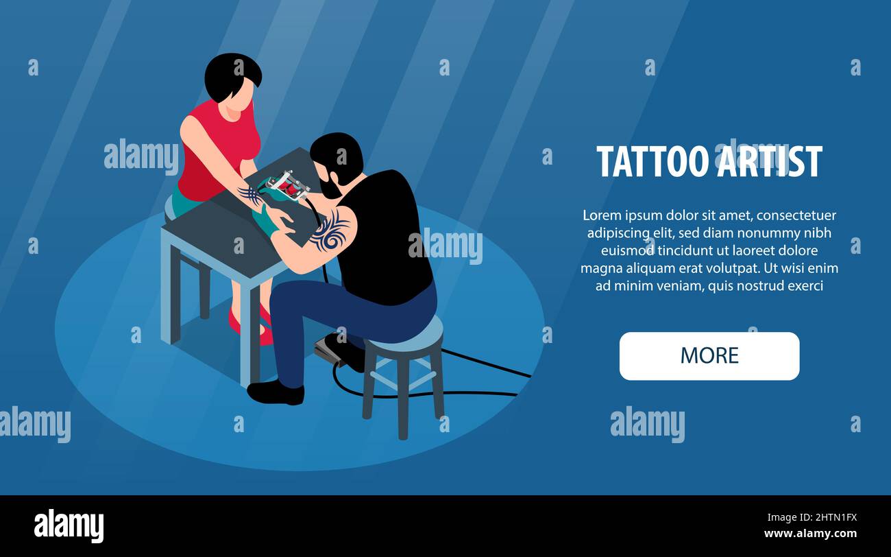 Tattoo Künstler horizontale Banner mit Mann macht Tattoo auf Arm der jungen Frau isometrische Vektor-Illustration Stock Vektor