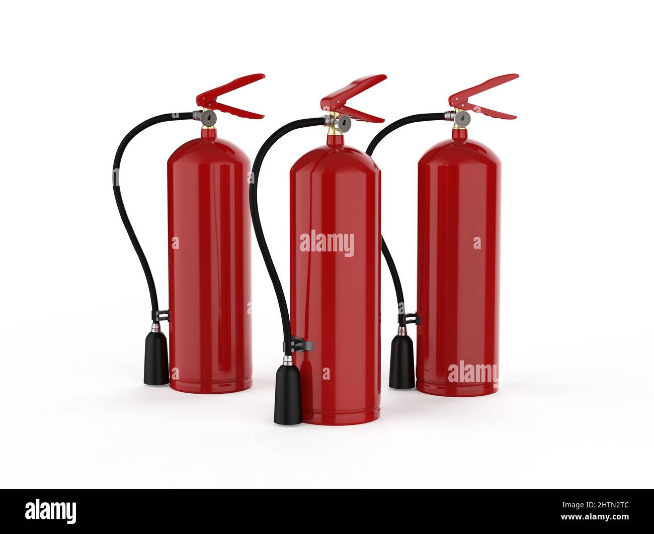 3D Darstellung einer Gruppe von Feuerlöschern auf weißem Hintergrund Stockfoto