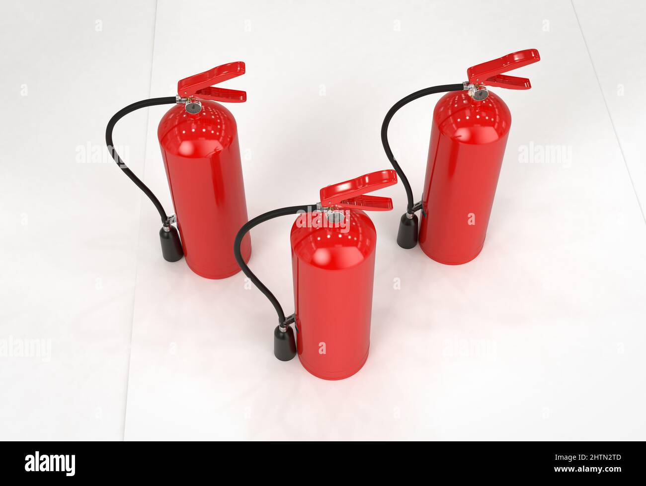 3D Darstellung einer Gruppe von Feuerlöschern auf weißem Hintergrund Stockfoto