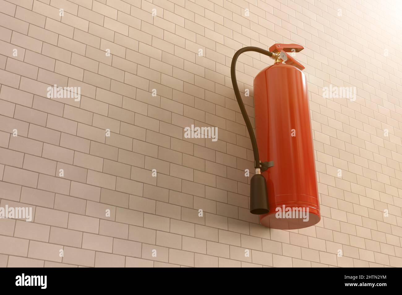 3D Feuerlöscher, der an einer Ziegelwand hängt Stockfoto