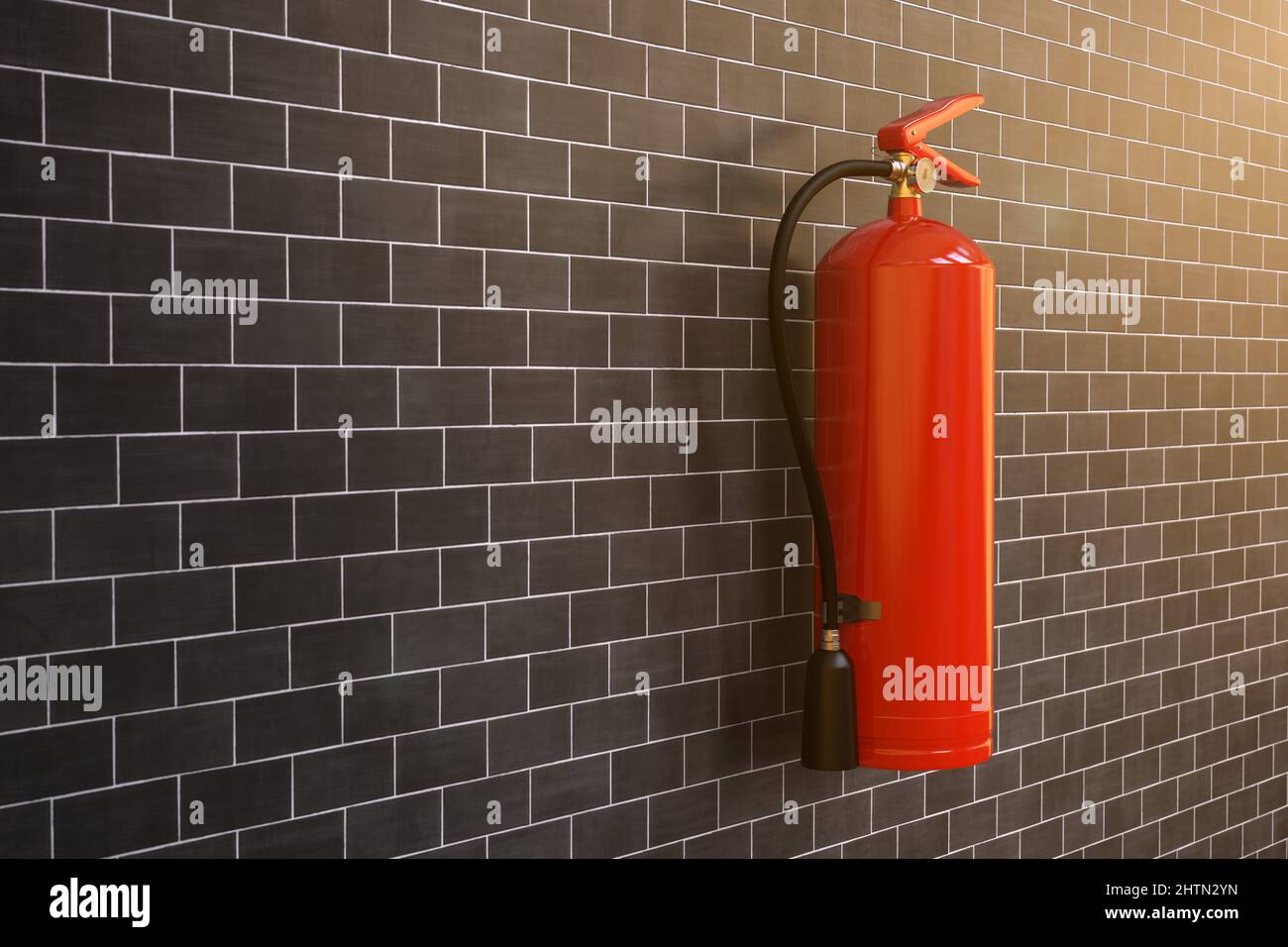 3D Feuerlöscher, der an einer Ziegelwand hängt Stockfoto
