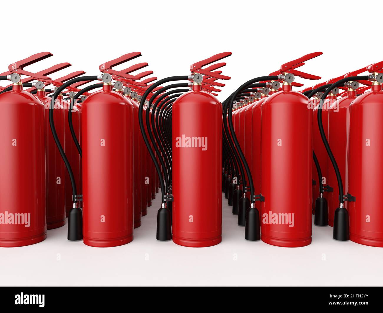 3D Anzahl der Feuerlöscher in einer Reihe Stockfoto