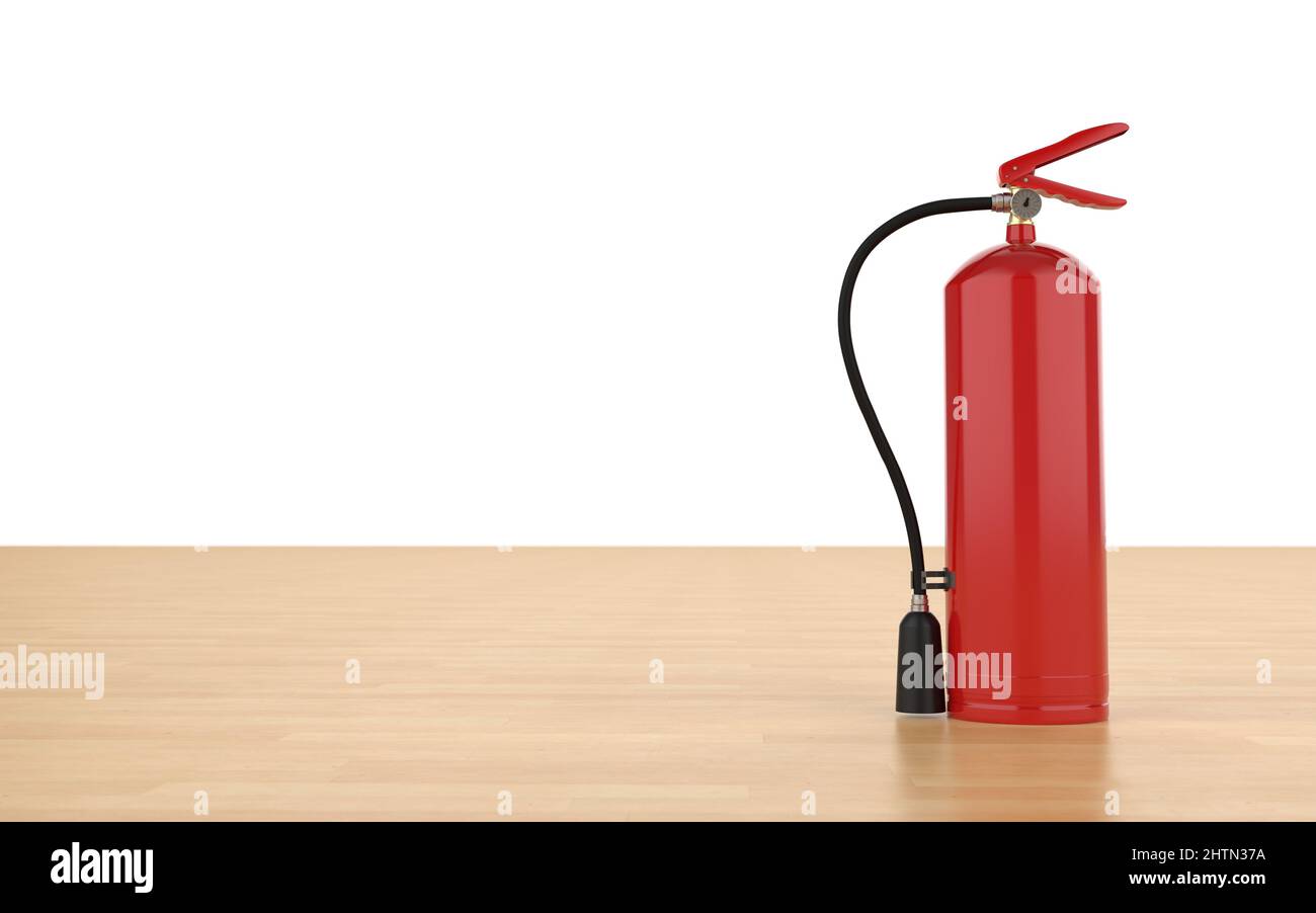 3D Feuerlöscher auf weißem Hintergrund mit Platz Stockfoto