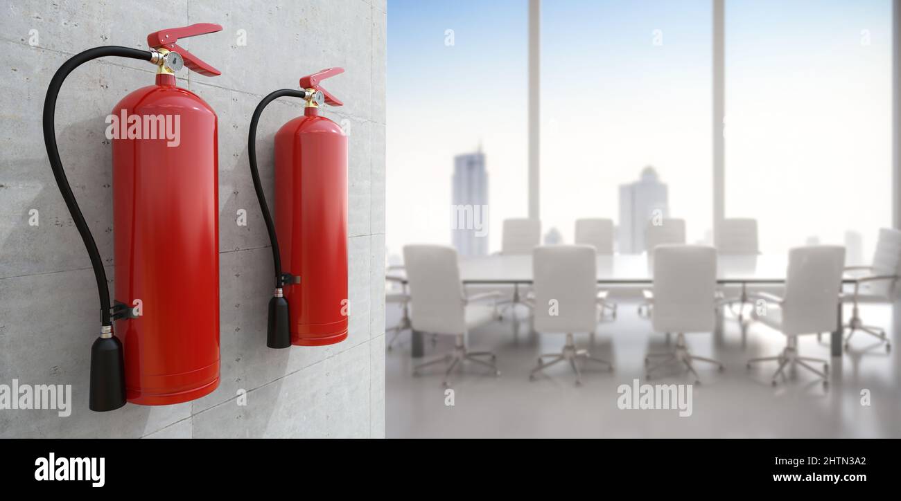 3D Feuerlöscher, die im Büro an der Wand hängen Stockfoto