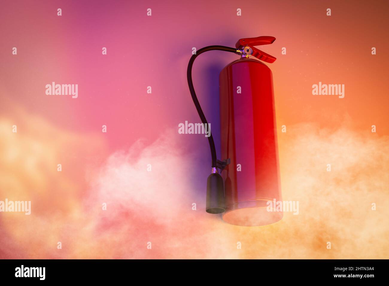3D Feuerlöscher an der Wand mit Rauch ausbringen Stockfoto