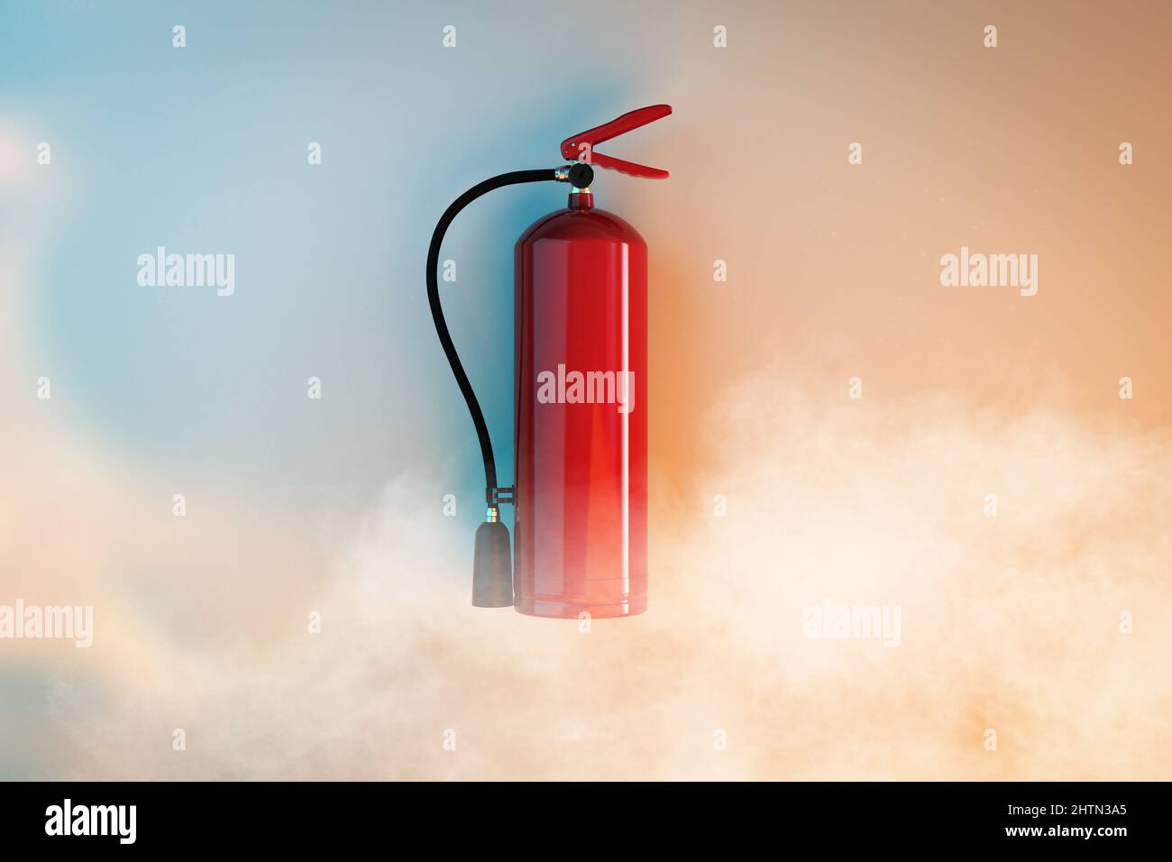 3D Feuerlöscher an der Wand mit Rauch ausbringen Stockfoto