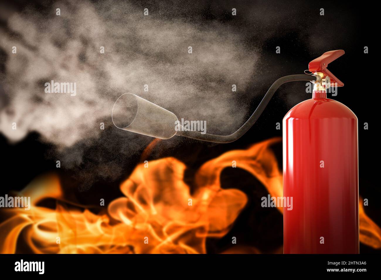 3D Feuerlöscher sprühen auf Feuer Stockfoto
