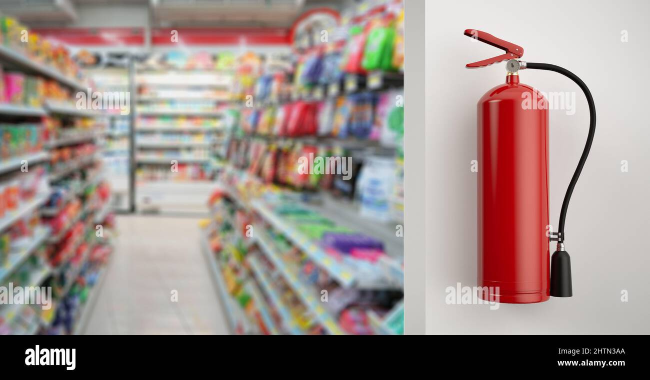 3D Feuerlöscher, der im Einzelhandel an der Wand hängt Stockfoto