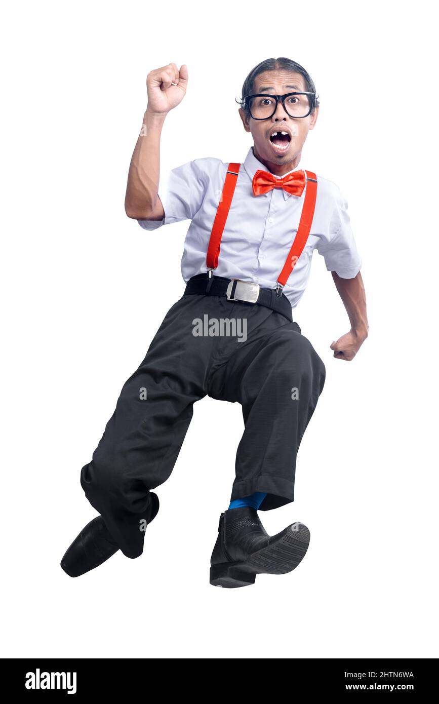 Asiatischer Nerd mit hässlichem Gesicht, isoliert auf weißem Hintergrund Stockfoto