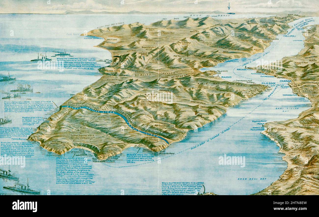 Grafische Karte der Dardanellen und Gallipoli mit den alliierten Brückenköpfen am Kap Helles und der ANZAC Cove Stockfoto
