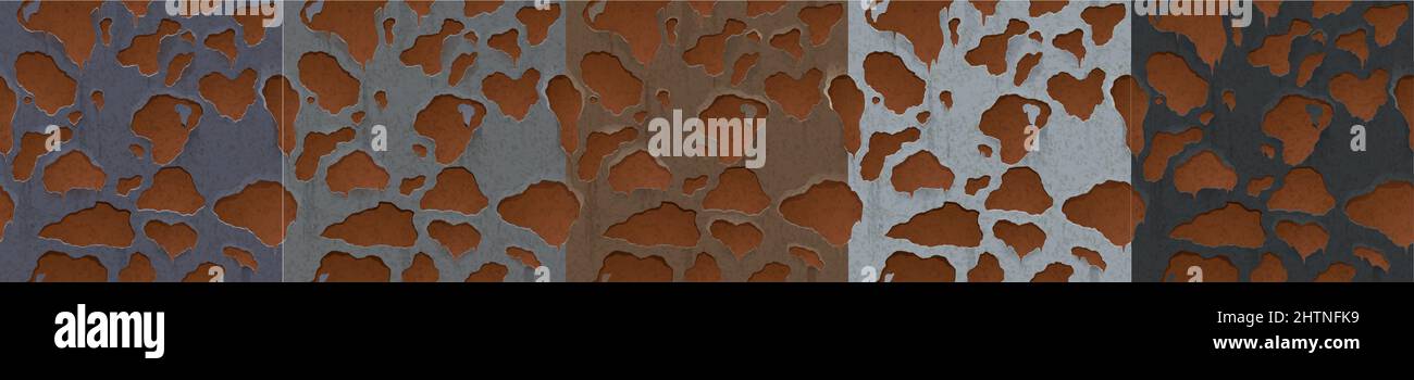 Alte Metallwandtextur mit Rost und schuppiger Farbe für den Spielhintergrund. Vektor-Cartoon-Satz von abstrakten nahtlose Muster von rostigen Eisen-Oberfläche mit abblätternder Farbe Stock Vektor