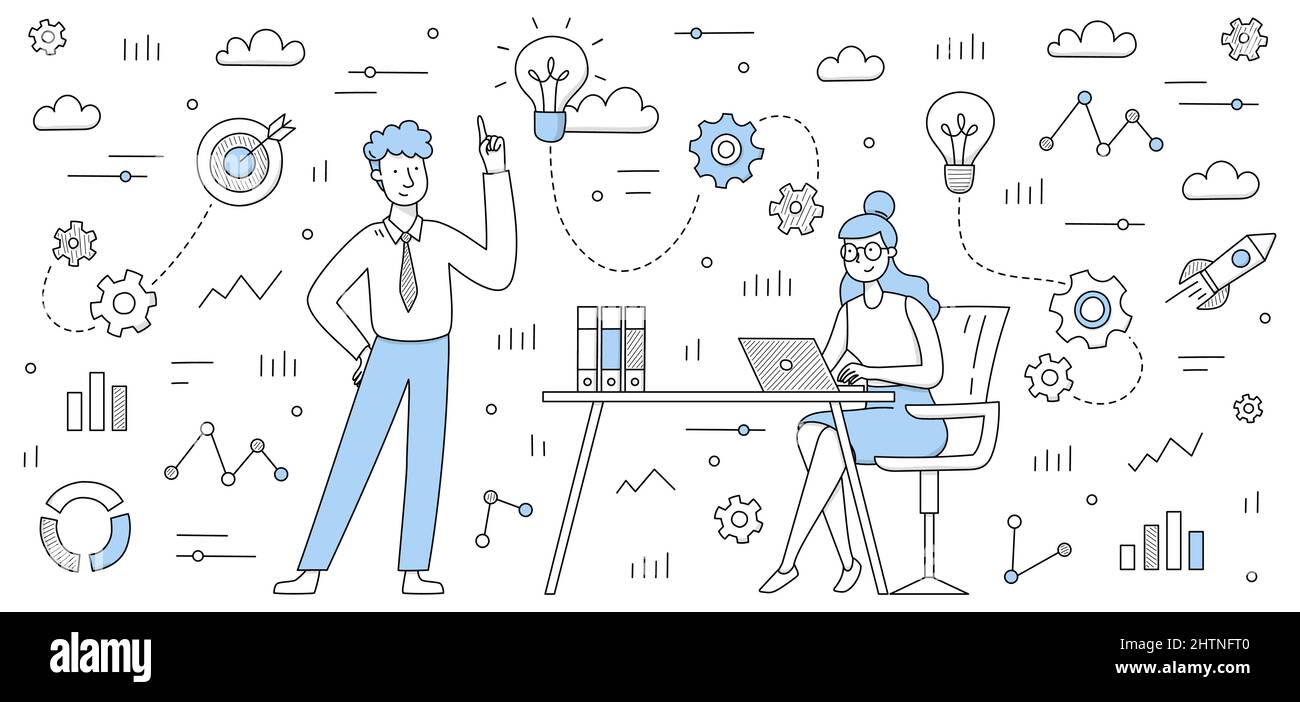 Das Business-Team entwickelt ein Konzept für Ideenkritzel, Kollegen arbeiten mit Laptops zusammen und denken kreative Lösungen mit Infografik-Symbolen um. Teamwork-Brainstorming in Office Line Vektordarstellung Stock Vektor