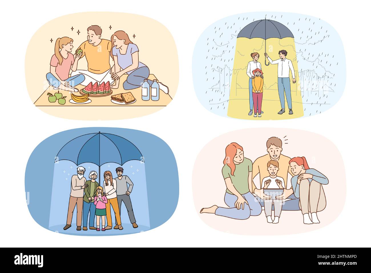 Set von glücklich liebenden Familie mit Kindern zeigen Einheit und Bindung in Beziehung. Ein Paket lächelnder Eltern und Kinder verbringen gemeinsam Zeit am Wochenende. Flache Vektorgrafik. Stock Vektor