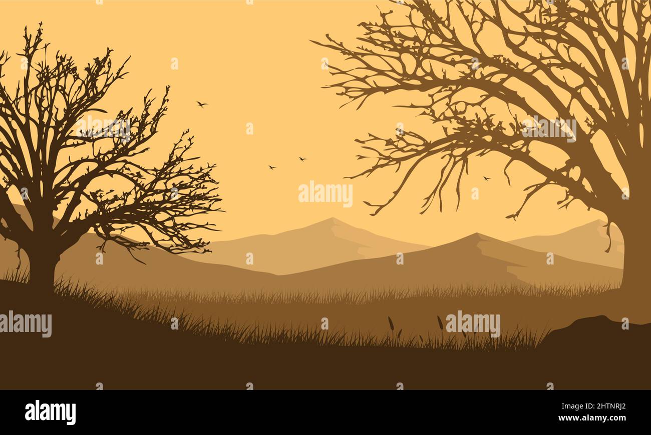 Ästhetisch Panorama Silhouette des Berges mit Pinien, die die Augen in der Dämmerung vom Rand der Stadt verdirbt. Vektordarstellung einer Stadt Stock Vektor