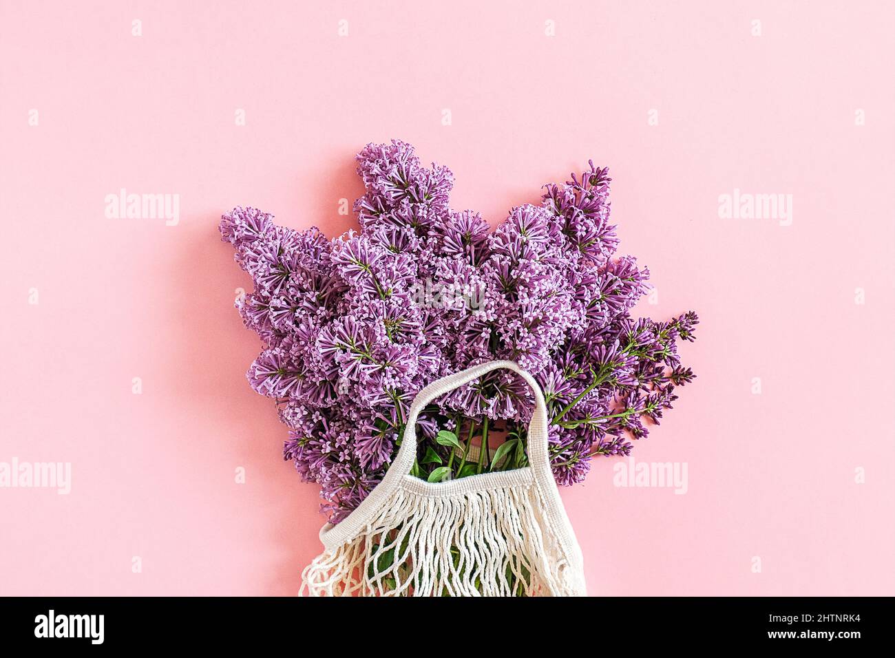 Hallo Frühling. Bouquet von blühenden Flieder in wiederverwendbaren Shopping Öko-Mesh-Tasche auf rosa Hintergrund. Konzept kein Kunststoff, kein Abfall. Speicherplatz kopieren Draufsicht Temp Stockfoto