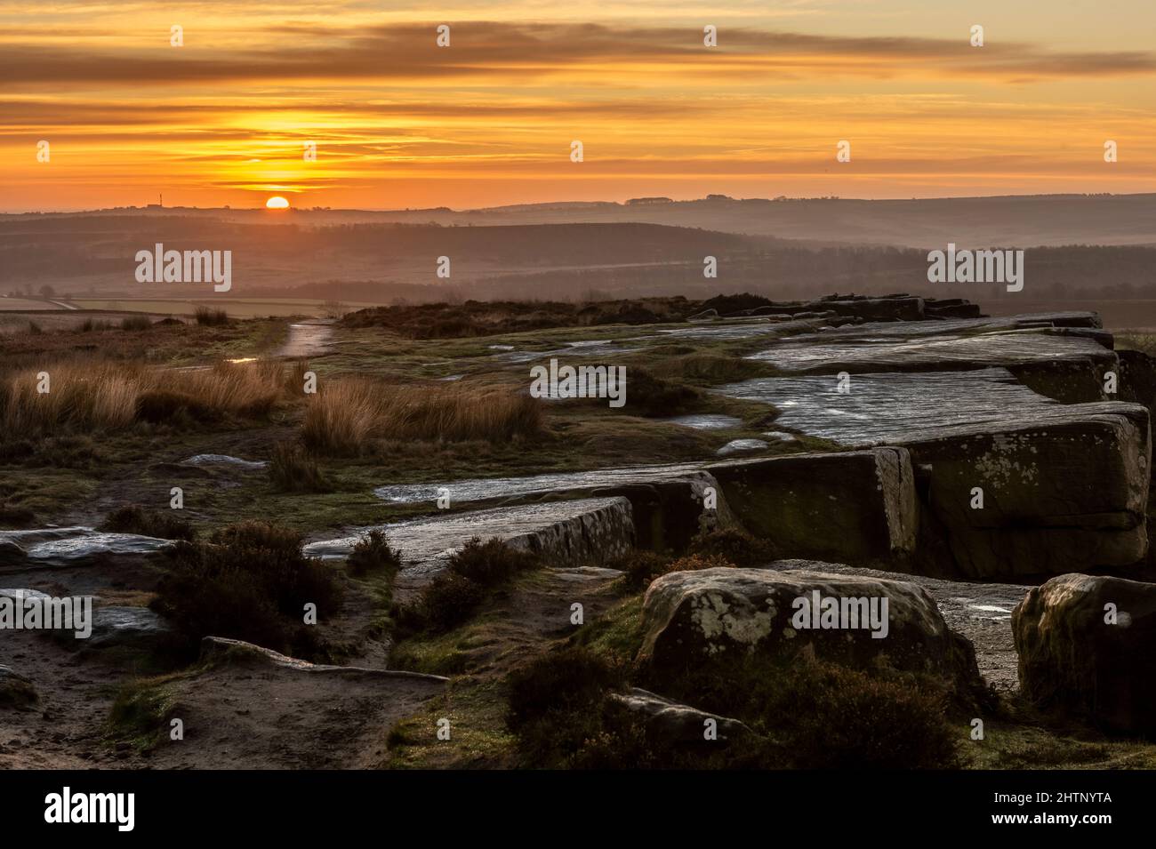 Sunrise Curbar Edge Peak District Nationalpark Derbyshire UK Stockfoto