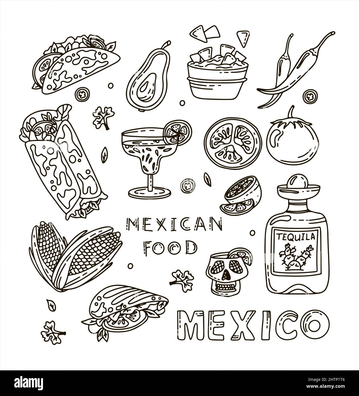 Mexikanische Küche, Vector Doodle Food Set. Nationale scharfe Speisen, Fast Food, Snacks. Skizzendarstellung für Restaurant, Menü, Café. Fiesta mexicana Stock Vektor