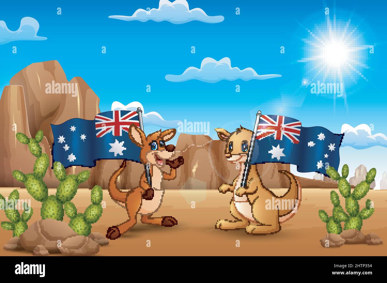 Happy Australia Day mit Kängurus mit einer Flagge in der Wüste Stock Vektor