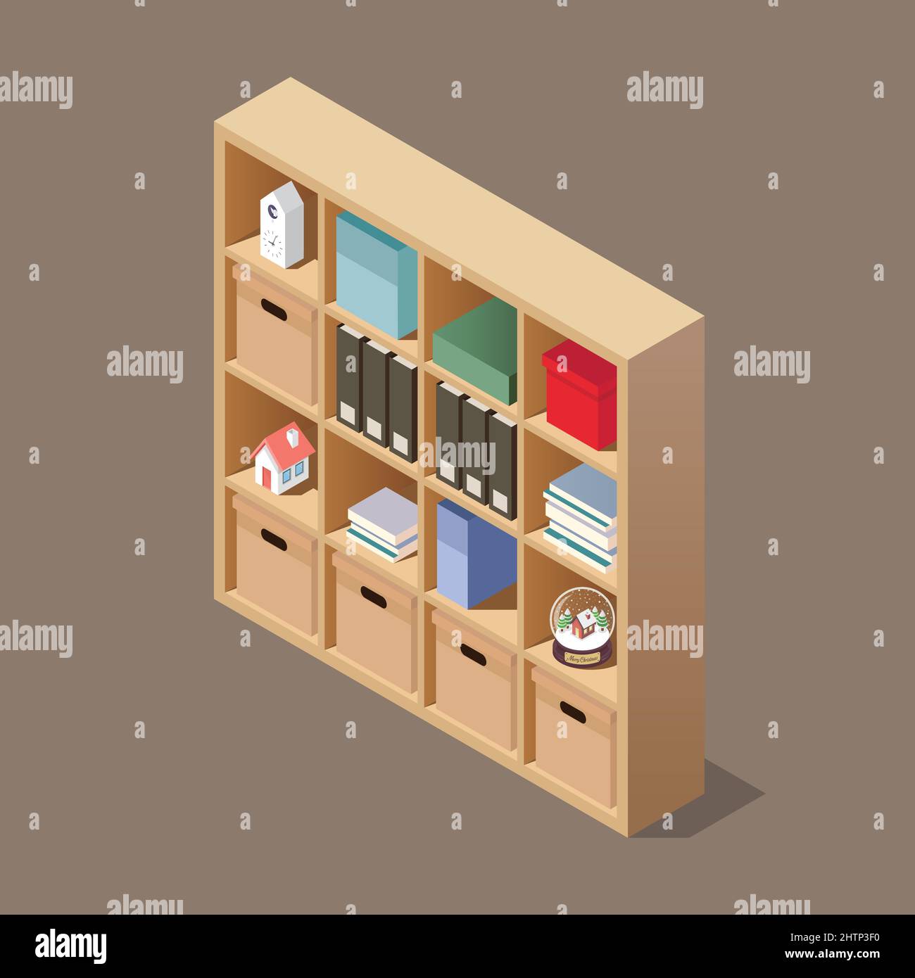 Isometrische Holzregale mit Büchern und Gegenständen. Vektorgrafik Stock Vektor