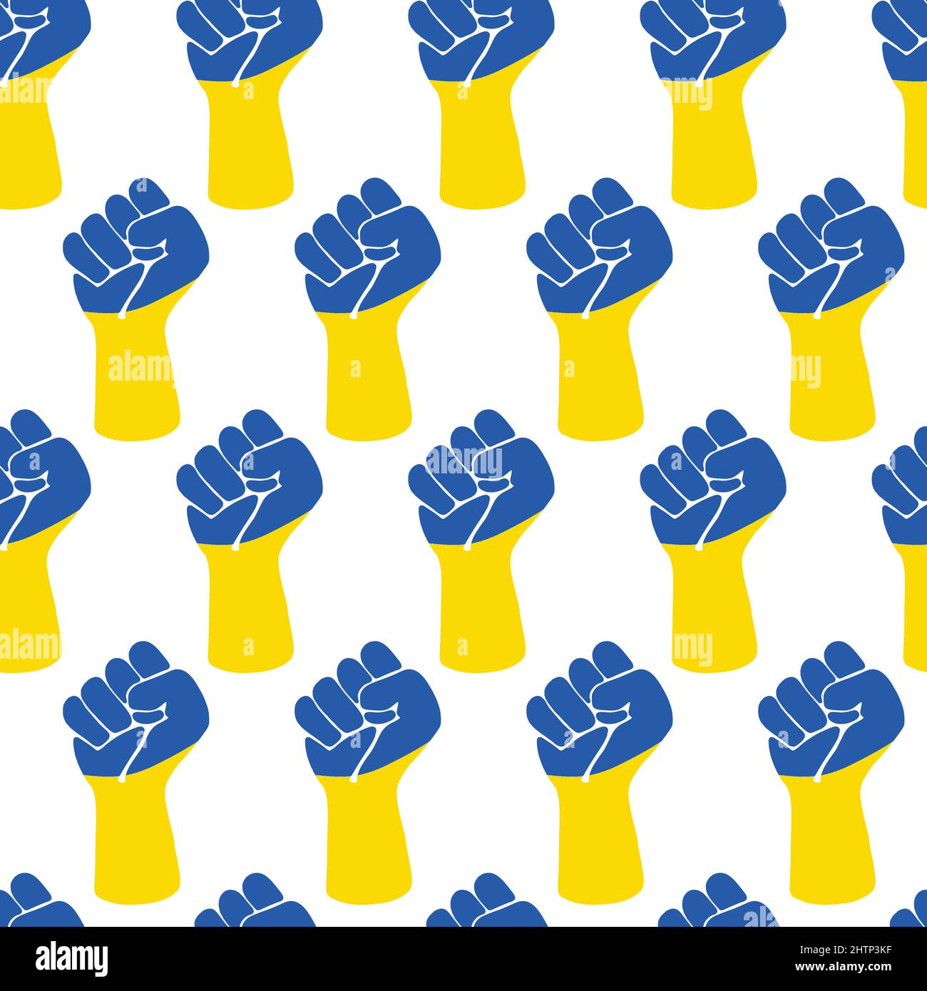 Ukraine unterstützt nahtlosen Vektor-Hintergrund. Die Faust des Menschen in den ukrainischen Nationalfarben blau gelb angehoben. Wiederholtes Muster. Unterstützen Sie den Hintergrund der Ukraine Stock Vektor