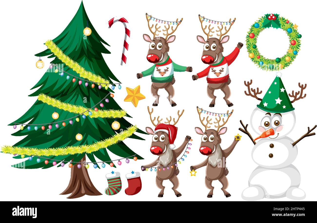Weihnachts-Set mit Baum und Dekorationen Illustration Stock Vektor