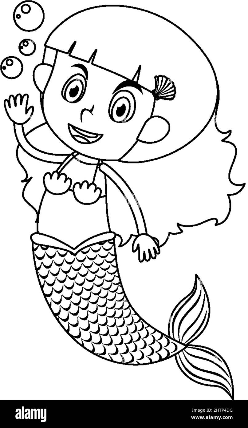 Mermaid schwarz und weiß Doodle Charakter Illustration Stock Vektor