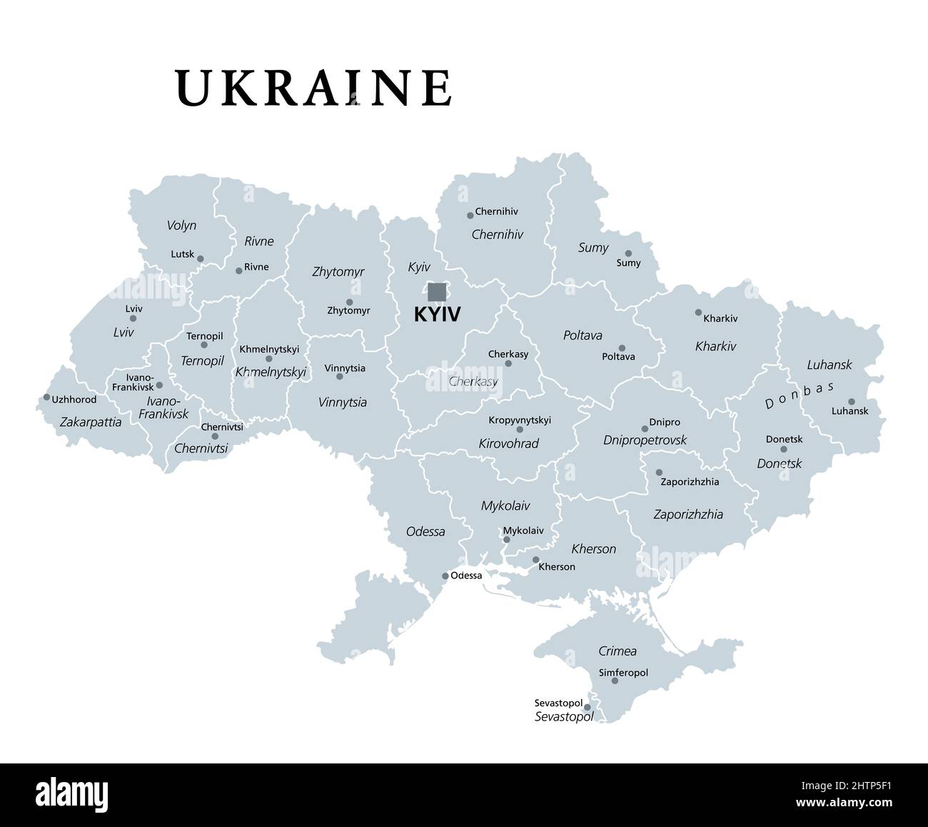 Ukraine, Landesunterteilung, graue politische Landkarte. Verwaltungsabteilungen der Ukraine mit Verwaltungszentren, einheitlicher Staat in Osteuropa. Stockfoto