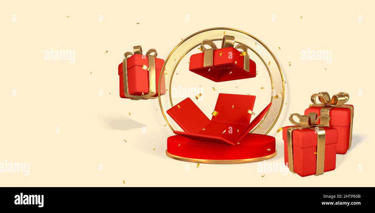 Bühne für Produkt auf dem Zylinder-Podium. Öffnen Sie die realistische Geschenkbox mit Schleife und Band. Überraschung im Inneren. Vektorgrafik. Stock Vektor