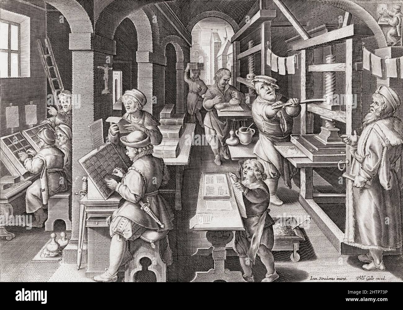 Eine europäische Druckerei um 1590. Nach einer Arbeit von Philips Galle. Stockfoto