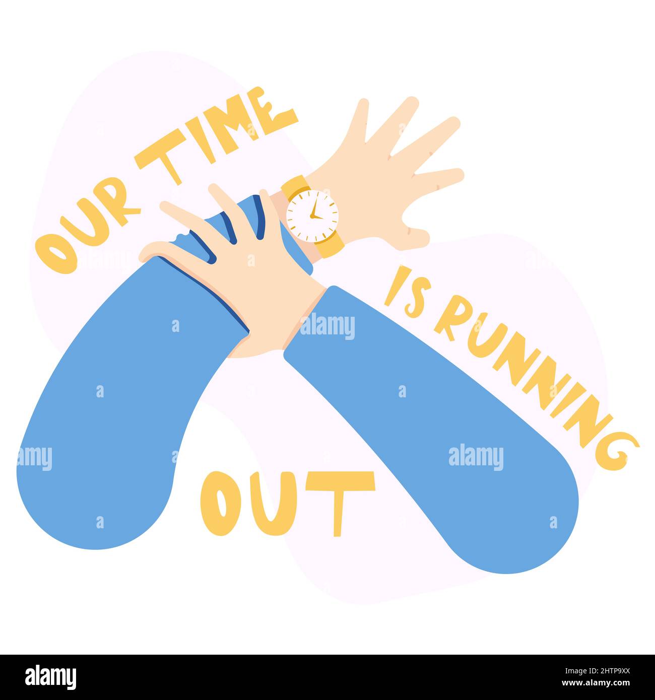 Eine Illustration mit einer Uhr an der Hand, ein Mann überprüft die Zeit auf seiner Uhr. Das Konzept einer Illustration über das Vergehen von Zeit, Eile und Stock Vektor