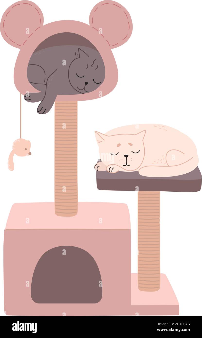 Katzen schlafen in einem luxuriösen Katzenturm. Ein Katzenbaum mit einem Kratzbaum, ein Spielzeug und ein Haus, in dem die britischen Kätzchen schlafen. Rosa Tierhaus . Flache Vektordarstellung von Haustiermöbeln isoliert. Stock Vektor