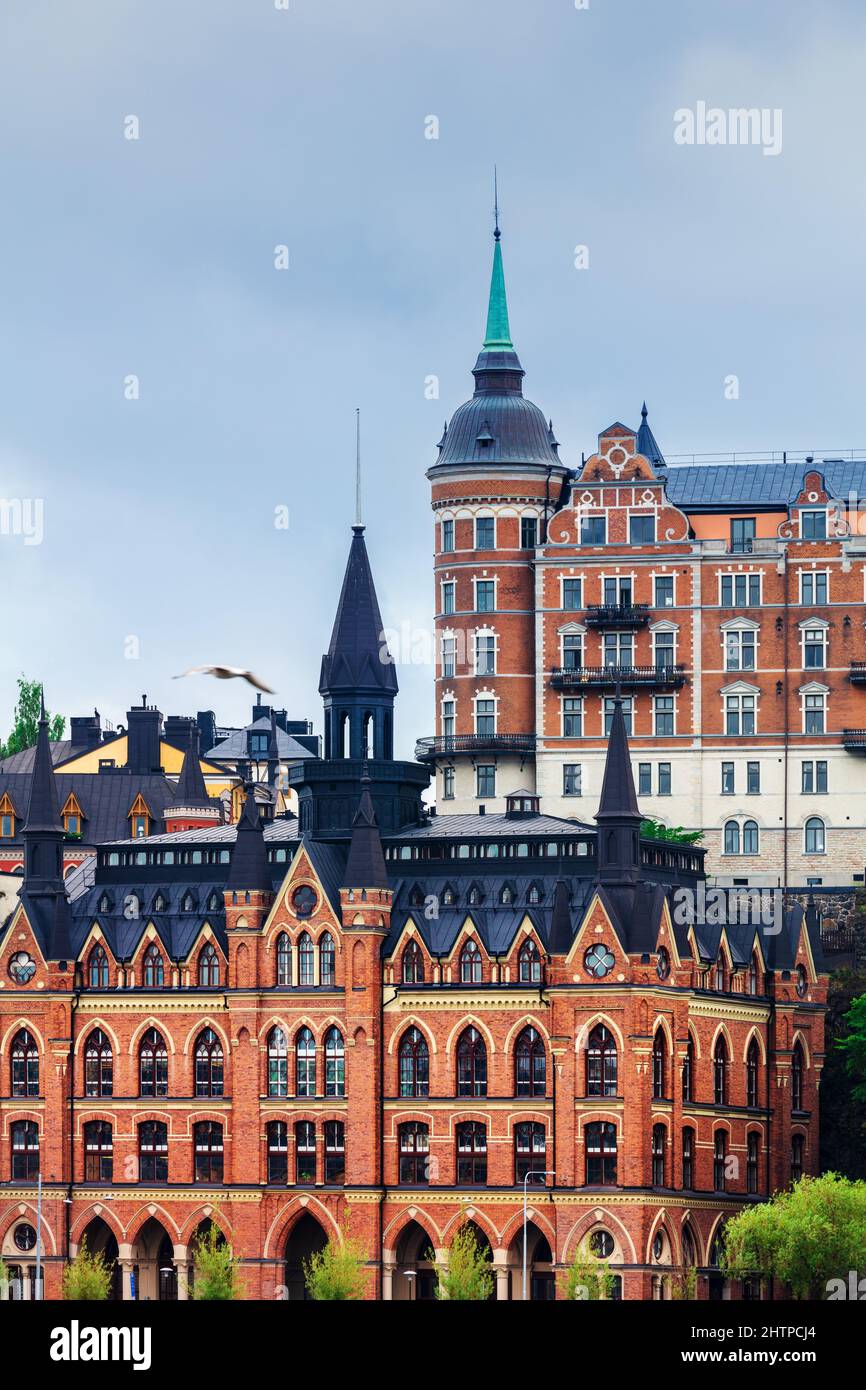 Schöne Gebäude mit Türmen, Stockholm. Schweden Stockfoto