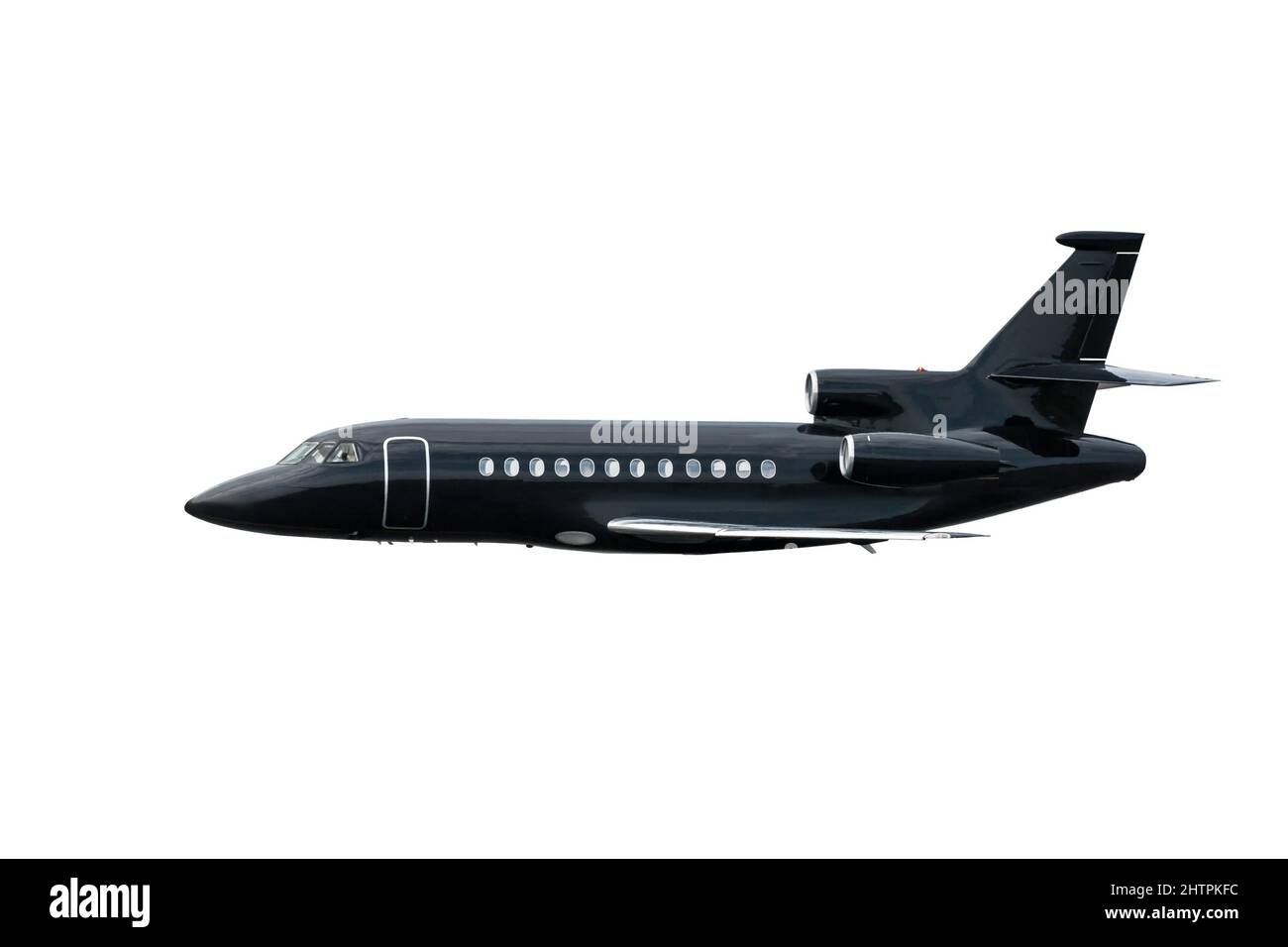 Moderner schwarzer Executive-Luxusjet fliegt isoliert auf weißem Hintergrund Stockfoto