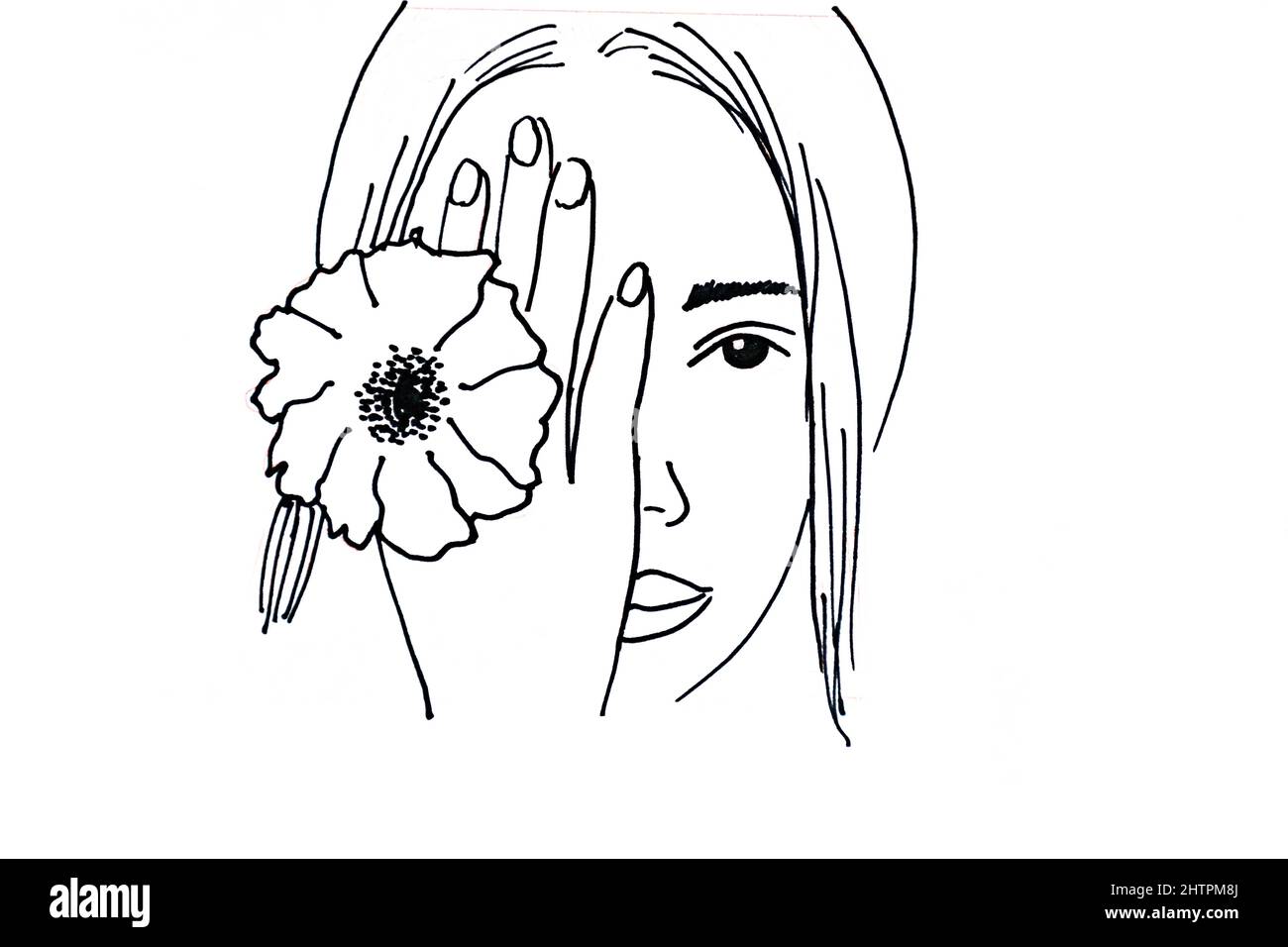 Handgezeichnete Porträt-Illustration der Frau mit Blumen, schwarze Tinte Stift Stockfoto
