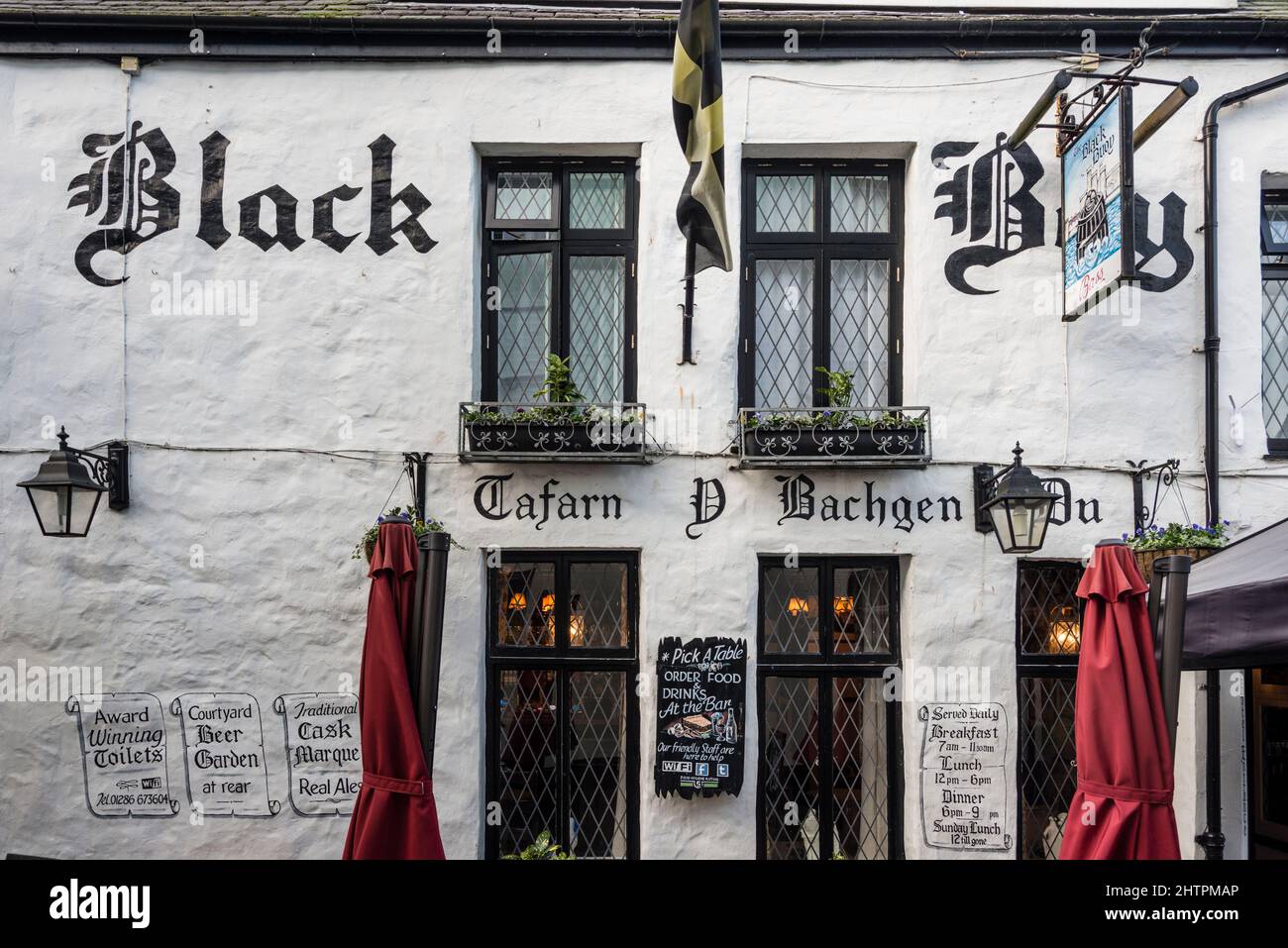 Pub-Gebäude Black Boy, Caernarfon, Gwynedd, Wales Stockfoto