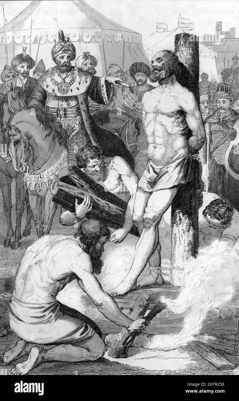 Le roi de Lydie Cresus (596-546 avant JC) prisonnier des sardes apres la bataille de Thymbree condamne au bucher par le roi Cyrus II le Grand qui voulait savoir s'il etait vraiment dote de forces surnaturelles, 547 avant JC (bis 546 v. Chr., Croesus wurde bei der Schlacht von Thymbra unter der Mauer seiner Hauptstadt Sardis besiegt - nach der Belagerung von Sardes wurde er dann von den Isern gefangen genommen - nach verschiedenen Berichten über das Leben Croesus befahl Cyrus, ihn auf einem Scheiterhaufen zu verbrennen, Aber Croesus entkam dem Tod) Gravure du 19eme siecle Collection privee Stockfoto