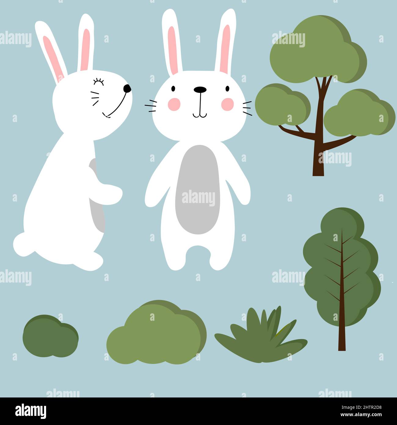 Osterset mit Kaninchen, Bäumen und Sträuchern. Design für Titel für die Website, Banner, Poster, Karte, Papierdruck, Postkarte, Hintergrund Stock Vektor