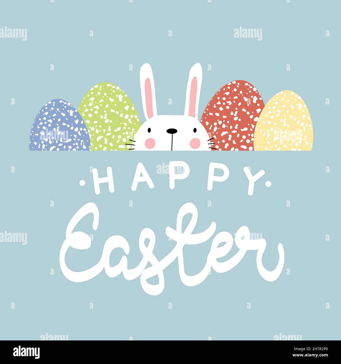 Vektor-Illustration von niedlichen Hase mit hellen Eiern. Frohe Ostern Grüße Text. Design für Web, Website, Banner, Poster, Karte, Papierdruck, Postkarte Stock Vektor