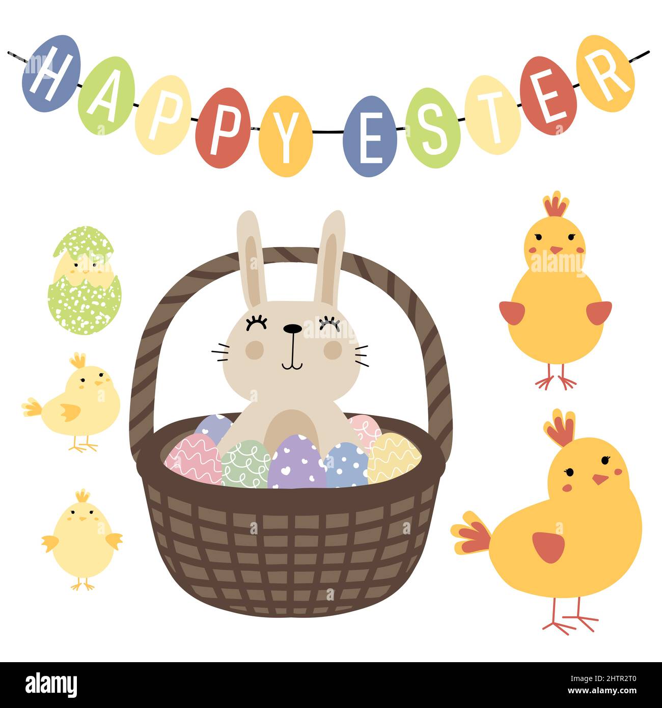 Osterset mit einem Korb mit Eiern und einem Kaninchen, einem Huhn mit kleinem Küken. Frohe Ostern Grüße Text. Design für Titel für die Website, Banner, Poster Stock Vektor