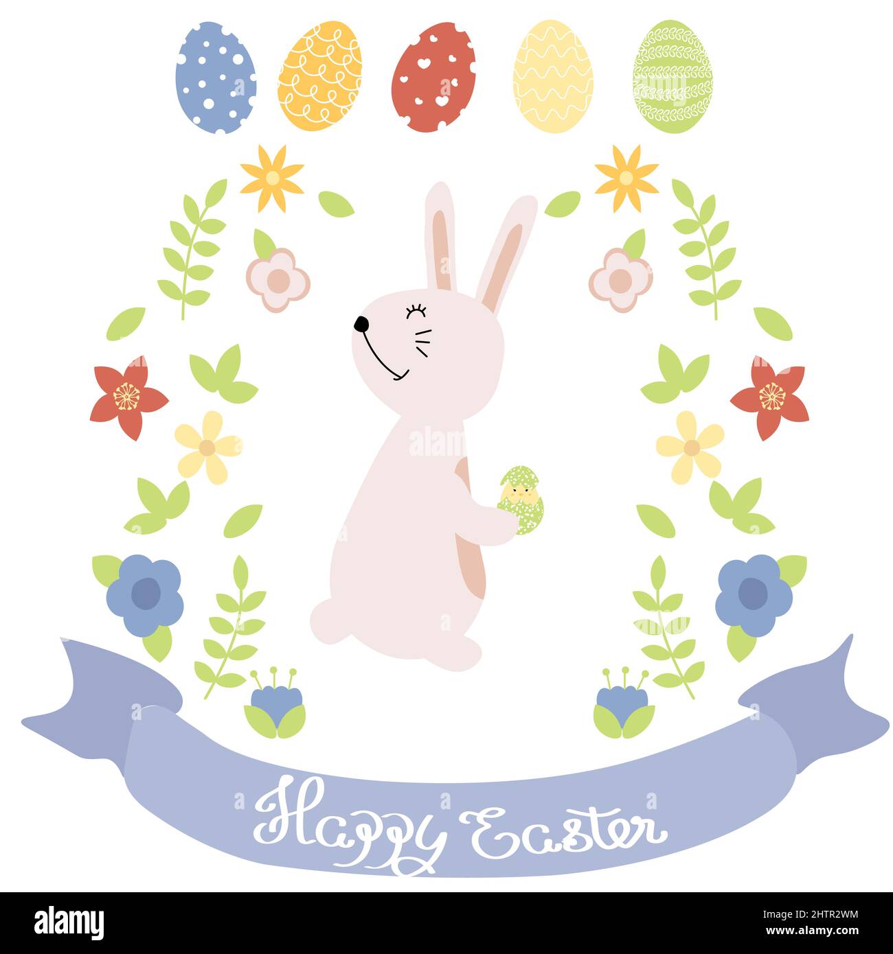Osterset mit Eiern, Hasen und Blumen in Pastellfarben. Frohe Ostern Grüße Text. Design für Titel für die Website, Banner, Poster, Karte, Papier Stock Vektor