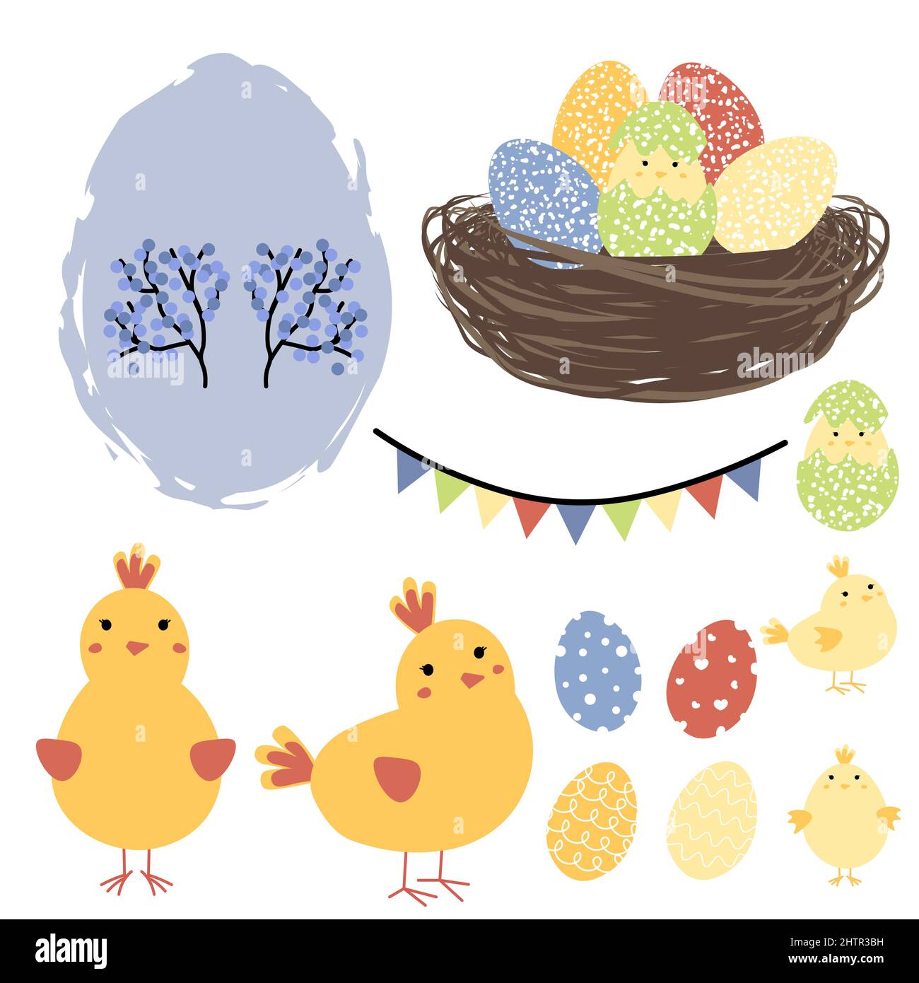 Osterset mit Nest mit Eiern, Huhn mit kleinem Küken und Fahnen. Frohe Ostern Grüße Text. Design für Titel für die Website, Banner, Poster, Karte Stock Vektor