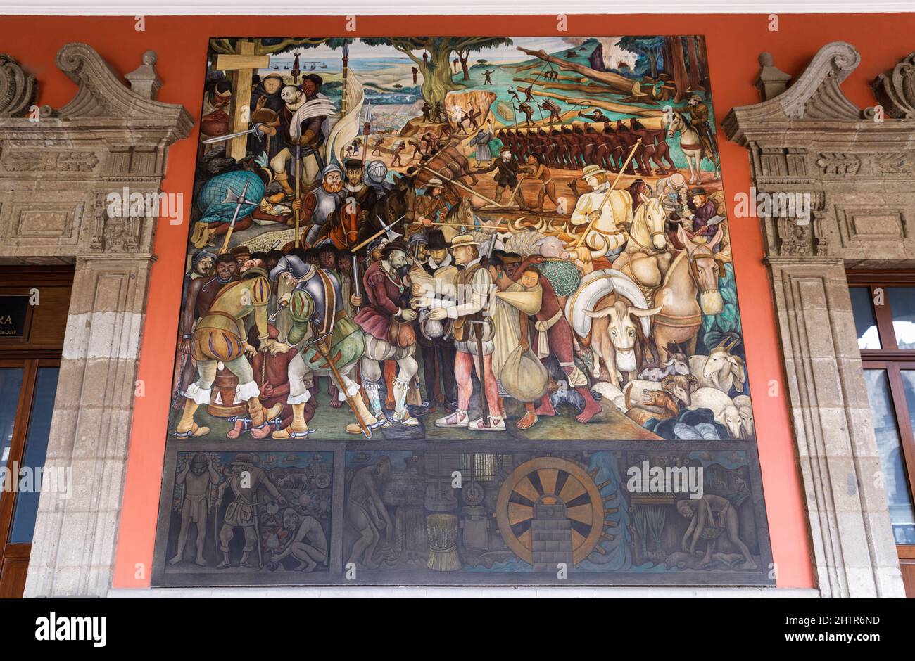 „Ankunft von Hernan Cortes in Veracruz“, von Diego Rivera, 1951, Palacio Nacional de Mexico, Mexiko-Stadt, Mexiko Stockfoto